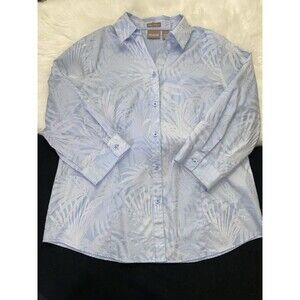 Chico’s Sz 1/Medium Blue 3/4 Sleeve Button Front Tropical Tonal Leaf Print Shirt